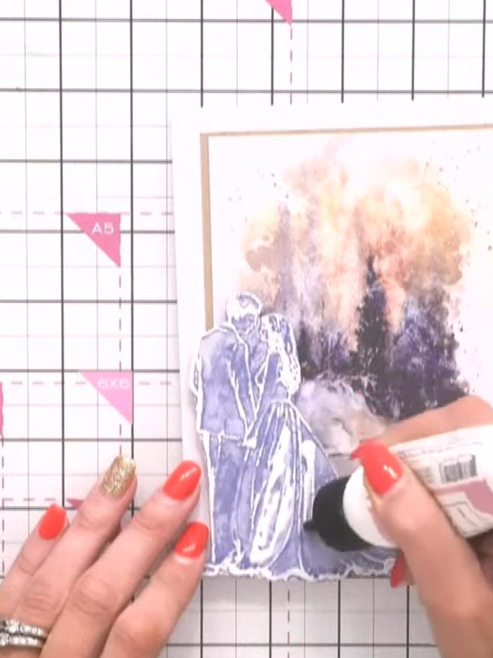 Step 4: Sprinkle the Stamps By Me Colourless Glitter over the wet glue on the bride's gown. The glitter will adhere to