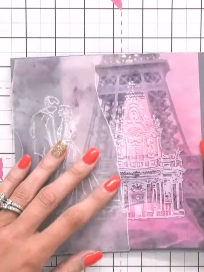 Step 5: Layer the vellum piece with the bride and groom image onto your patterned paper background layer. Position it 