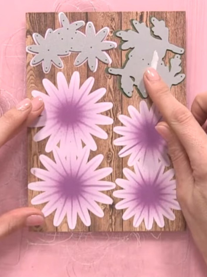 Step 2: Position the connected chrysanthemum die plate onto the double-sided cardstock, ensuring proper alignment. Pla