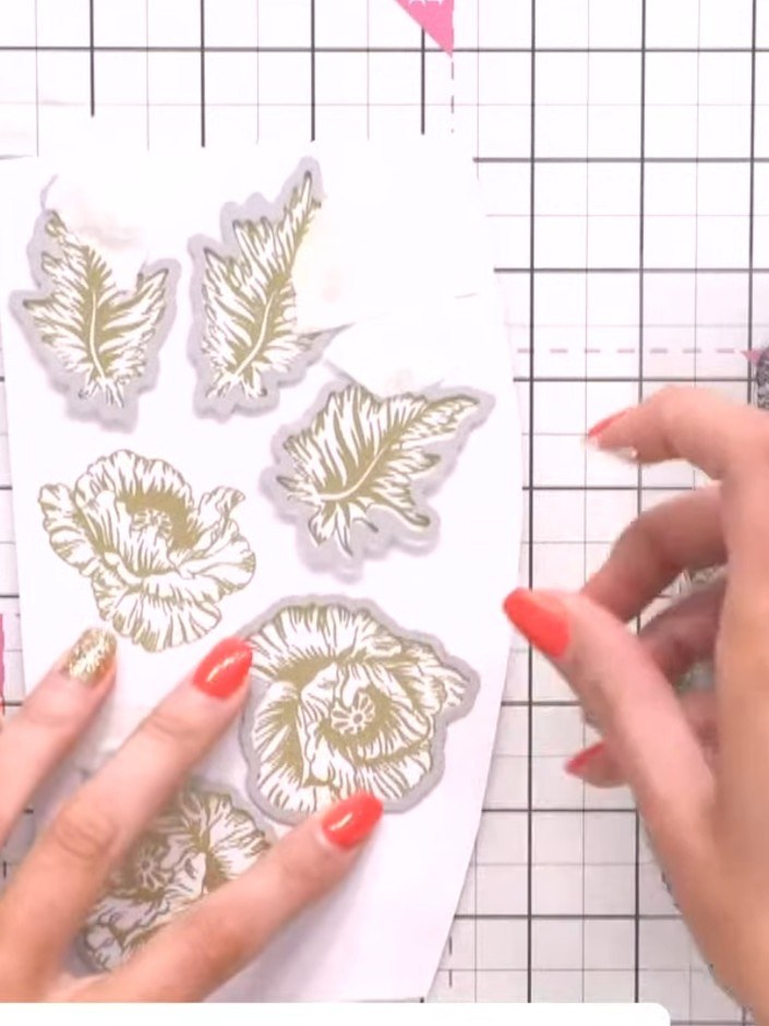 Step 7: Die cut the embossed poppy images using the coordinating dies from the Poppy Haze stamp and die set. Position 