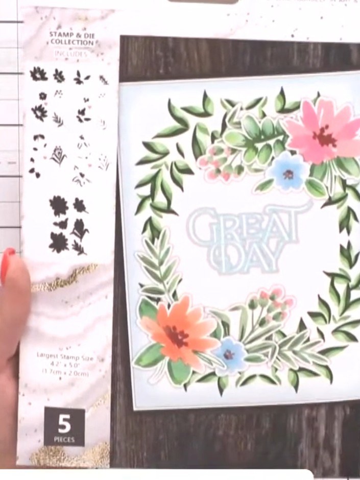 Step 6: Position the coordinating cover plate die over the stamped flowers on your card front, ensuring it frames the 