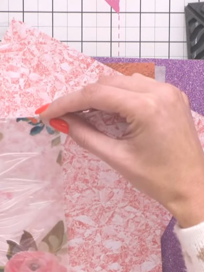 Step 7: Trim your coloured cardstock pieces to the desired sizes for your card base and layers. Position the pink text