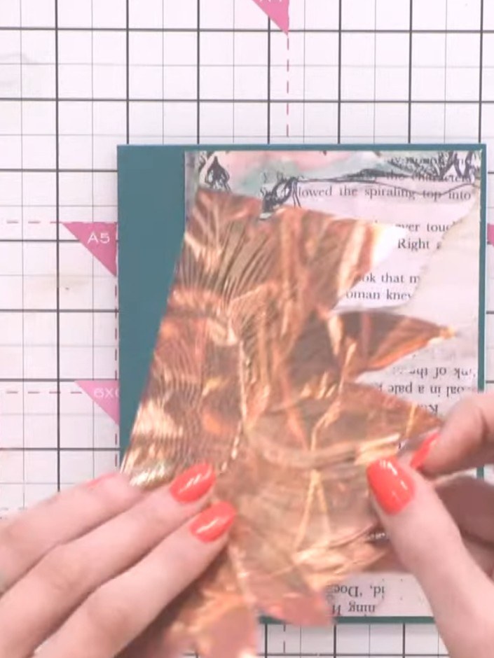 Step 6: Apply glue to the reverse of the copper embossed foil piece and position it on the left side of your teal card