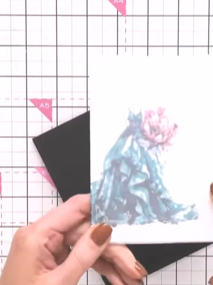 Step 3: Stamp your gown image onto blue cardstock using the two-part lamination technique. Layer the stamped gown piec