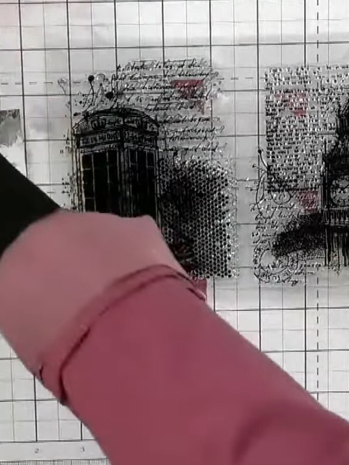 Step 3: Stamp the clock design onto the patterned paper using black ink, pressing down firmly and evenly to ensure a c