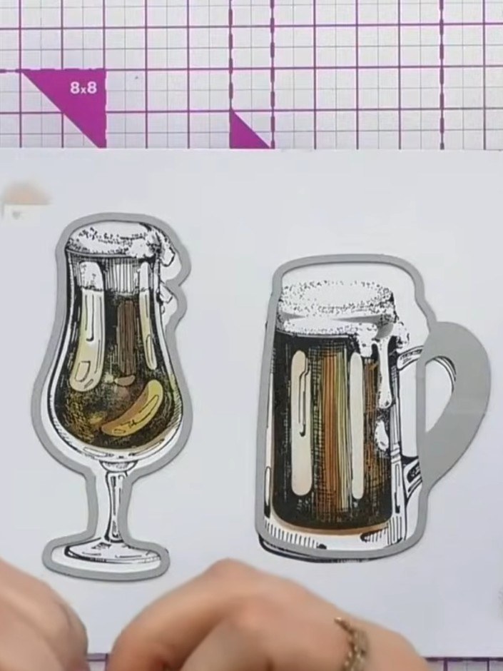 Step 6: Die cut the stamped beer glass and mug images using the outline dies included in the Quattro D Cheers stamp se