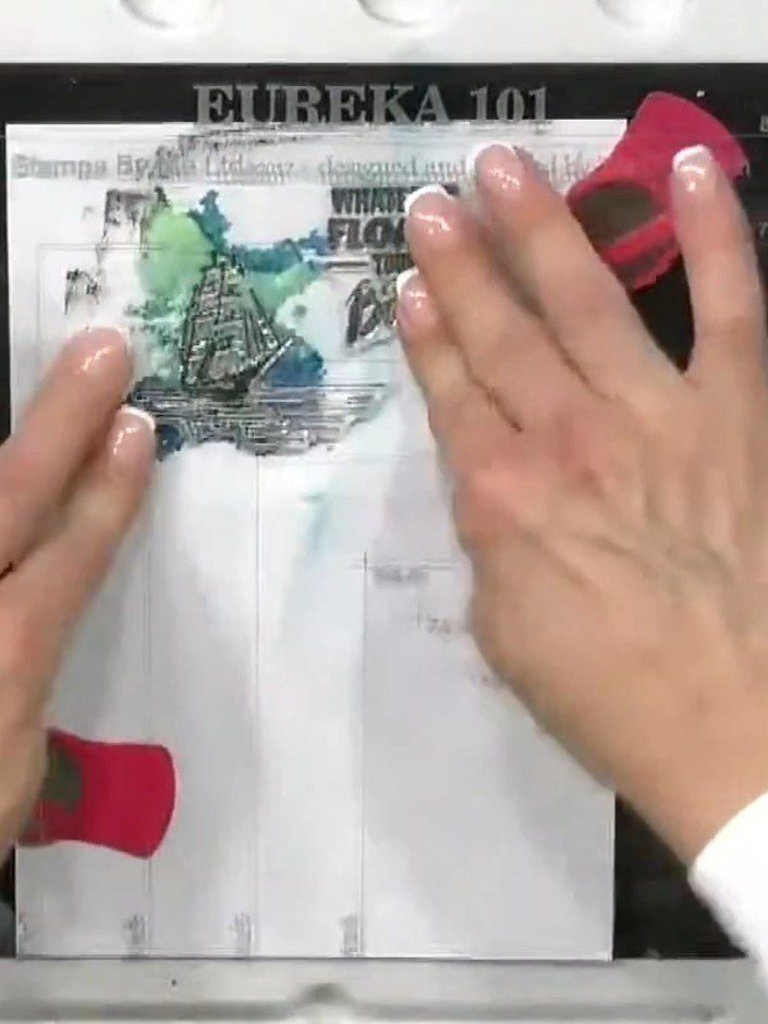 Step 6: Add the sentiment stamp to the card. Position the 'Whatever Floats Your Boat' stamp in the upper right area of