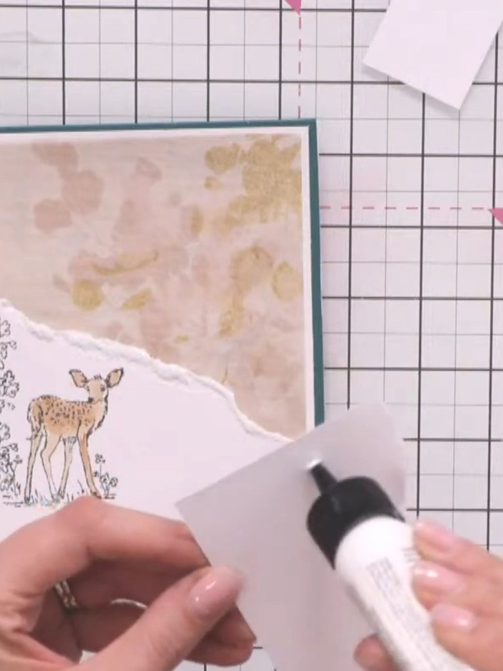 Step 8: Apply adhesive to the back of the layered panel. Mount it onto a white card base, then layer onto a green card