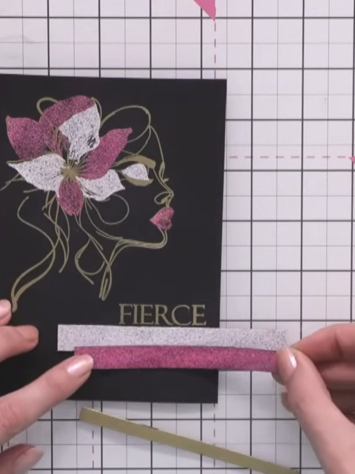 Step 9: Arrange the embossed strips on your cream card base, positioning them at different angles and layering them to