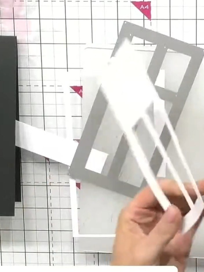 Step 2: Observe the shadow pieces that drop out from the window frame die cut. These grey shadow pieces will be used t