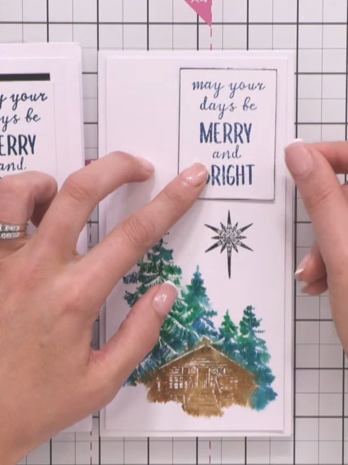 Step 9: Mount the finished watercolour panel onto your slimline card blank. Position the sentiment panel at the top of