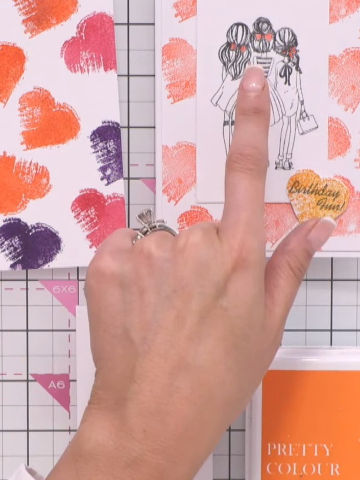 Step 9: Stamp the 'Birthday Fun' sentiment from the Instant Artist stamp set inside the gold hat outline on the card f