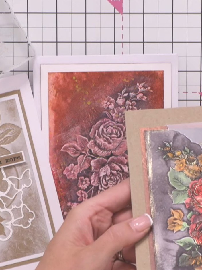 Step 7: Stamp the detailed floral outline on top of the dried coloured base using a white ink pad, running it continuo