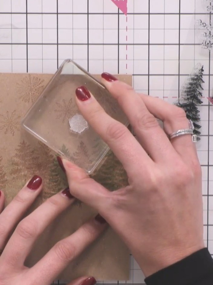 Step 6: Stamp white snowflakes over the brown snowflakes using second-generation stamping to create a lighter, layered