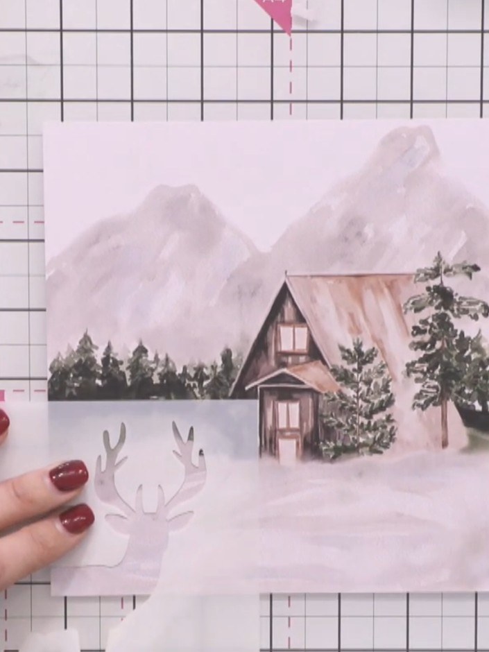 8x8-Karte mit Winterhütte und Hirsch-Silhouetten - the finished project