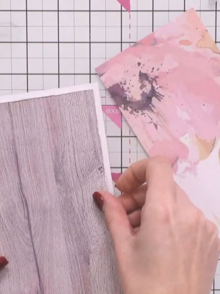 Step 4: Apply adhesive to the back of the textured wood-effect panel and position it onto the left side of the card ba
