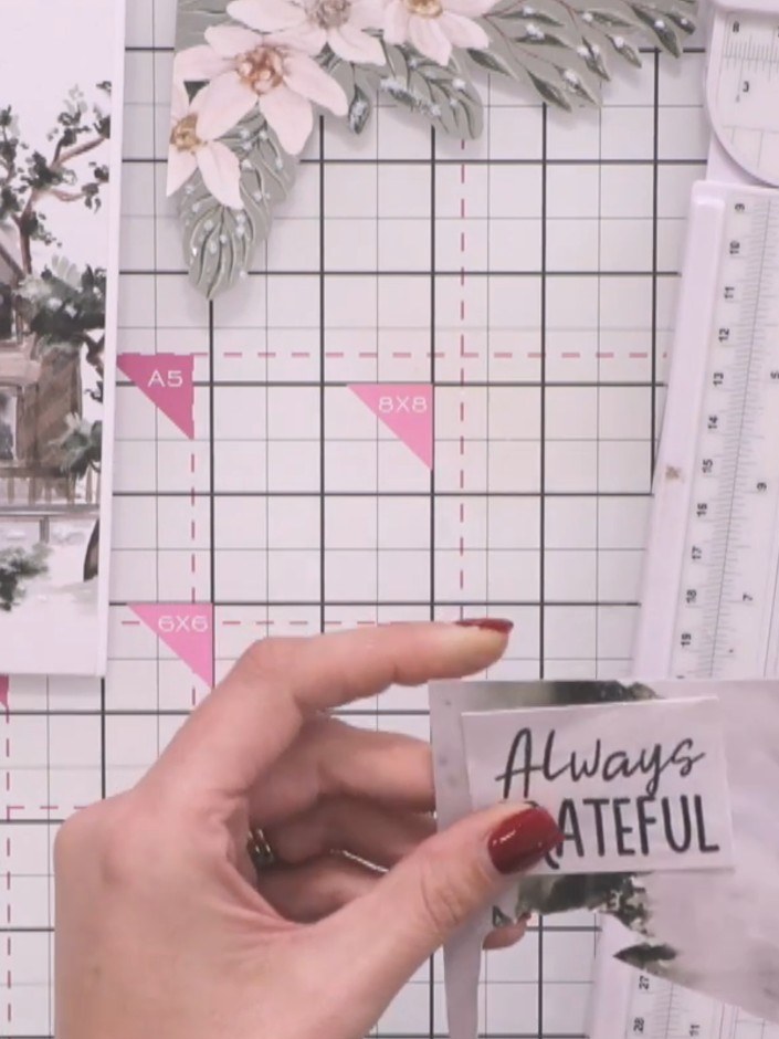 Step 7: Stamp an 'Always Grateful' sentiment onto a scrap piece of coordinating card stock using a black ink pad to ma