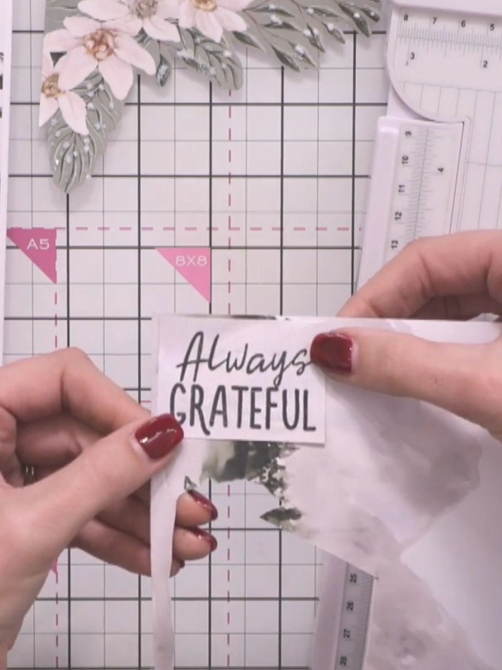 Step 8: Cut out the 'Always Grateful' sentiment and mat it onto a small piece of green card to coordinate with the win