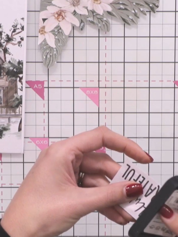 Step 9: Ink the edges of the 'Always Grateful' sentiment panel using a vintage-coloured distress ink pad to add depth 
