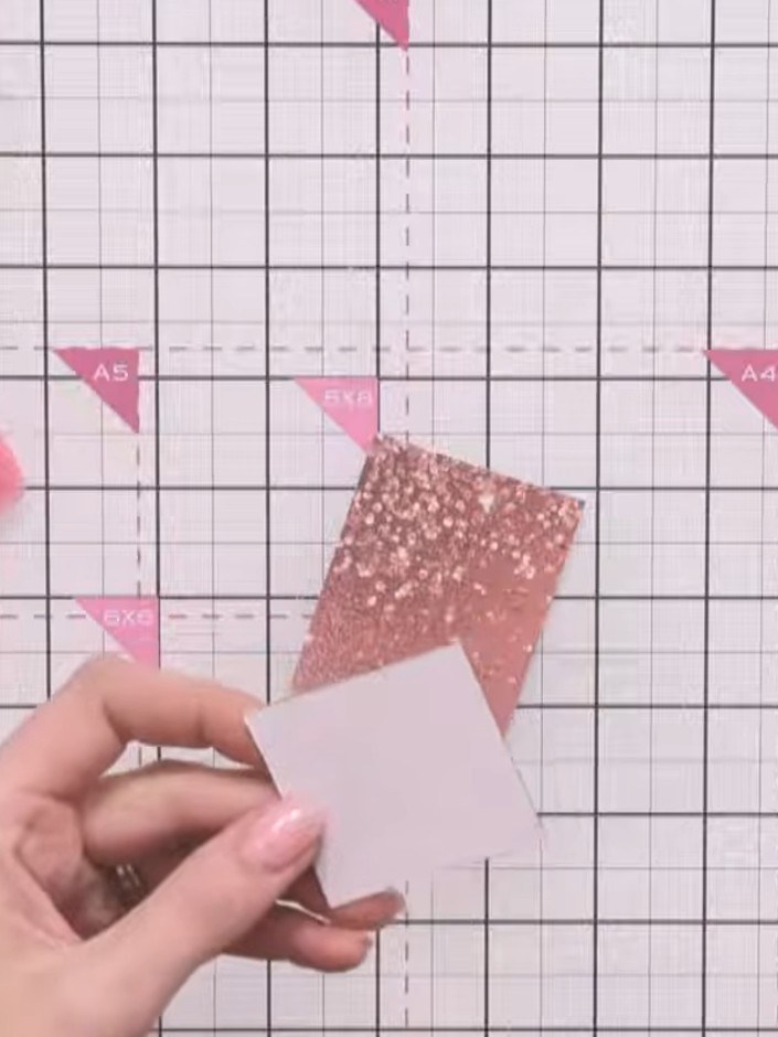 Step 9: Klebe die rosa Glitzer-Lage auf das roségoldene Musterpapier und platziere sie so, dass sie das Hirschdesign schön ergänzt.