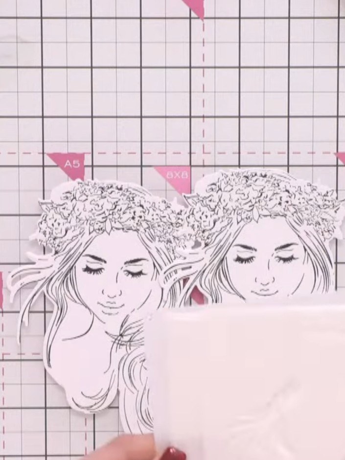 Step 3: Position the bouquet stencil over the stamped die cut image, using the eyes and mouth as guides to line it up 