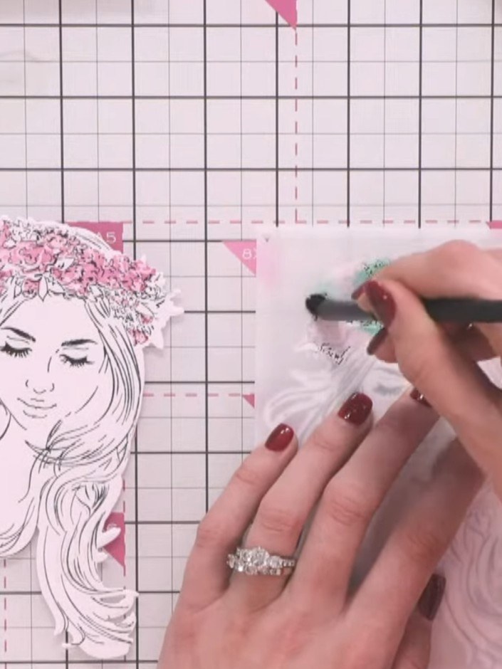 Step 6: Apply the third stencil layer using green ink to colour the leaves and foliage in the bouquet. Position the st