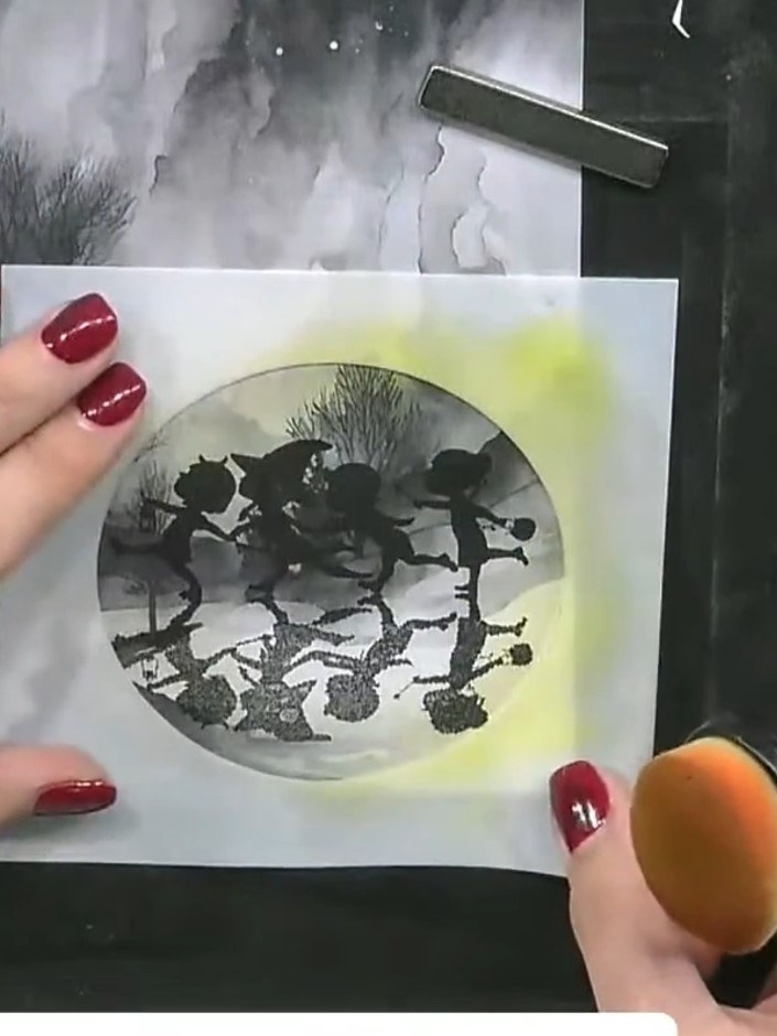 Step 4: Reposition the stencil and use a blending tool with yellow ink to add highlights around the edge of the circle