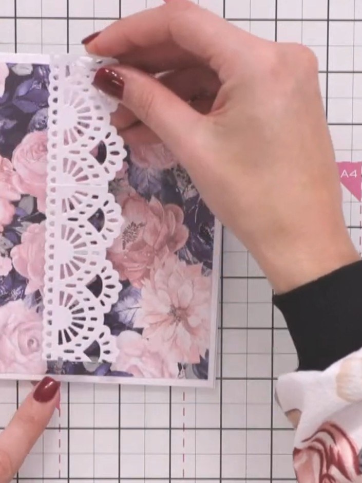 Step 1: Cut two decorative lace border dies and overlap them on the floral patterned paper until the pattern repeats s