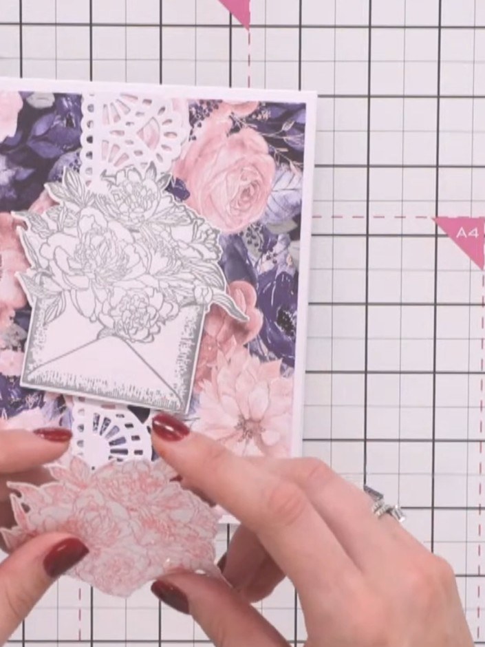 Step 4: Fussy cut the flowers from the pink stamped version, carefully cutting around the floral details whilst leavin