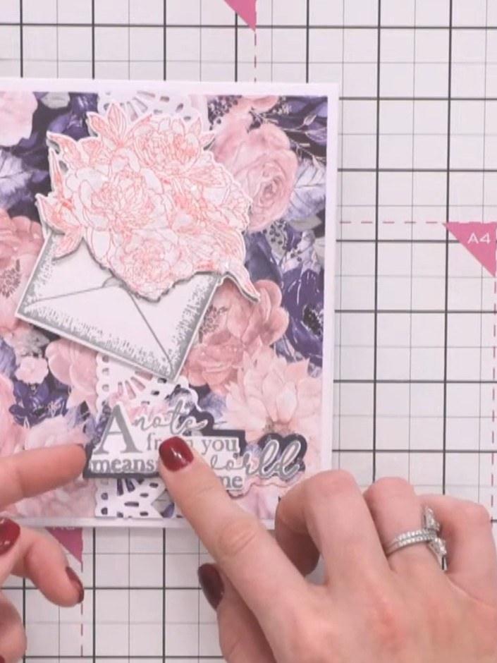 Step 8: Stamp the sentiment 'A note from you means the world to me' onto coordinating paper. Add a matte layer beneath