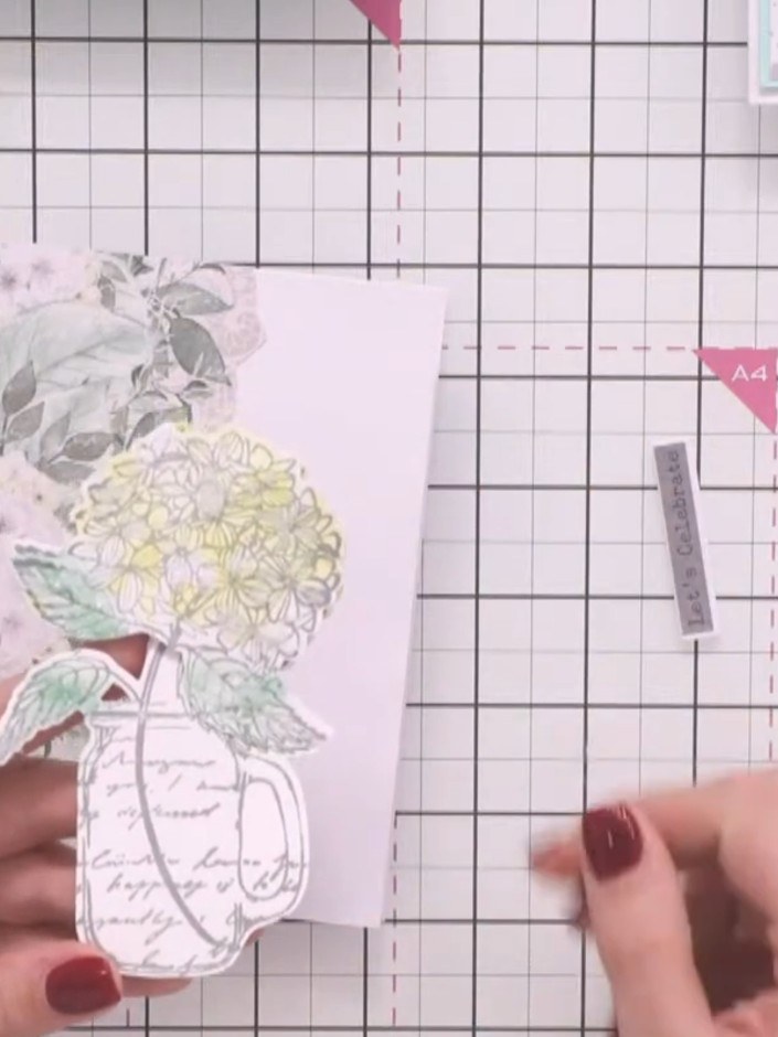Step 1: Cut a panel from the Spring Morning pattern paper collection. Adhere the panel to the front of your card base 