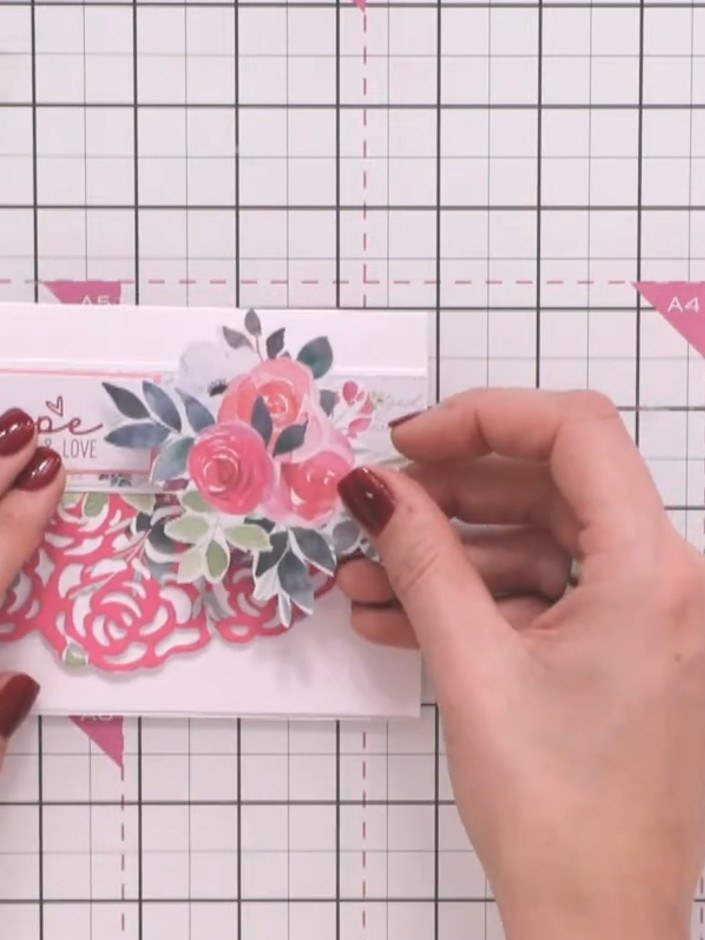 Step 5: Adhere the fussy-cut floral motif to the lower portion of your card front using foam pads for dimension. Posit