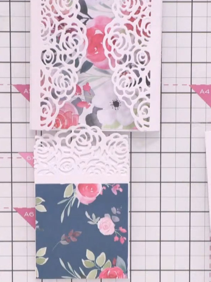 Step 2: Die cut the wrap element from the floral patterned paper using the hinge die from the collection. This creates