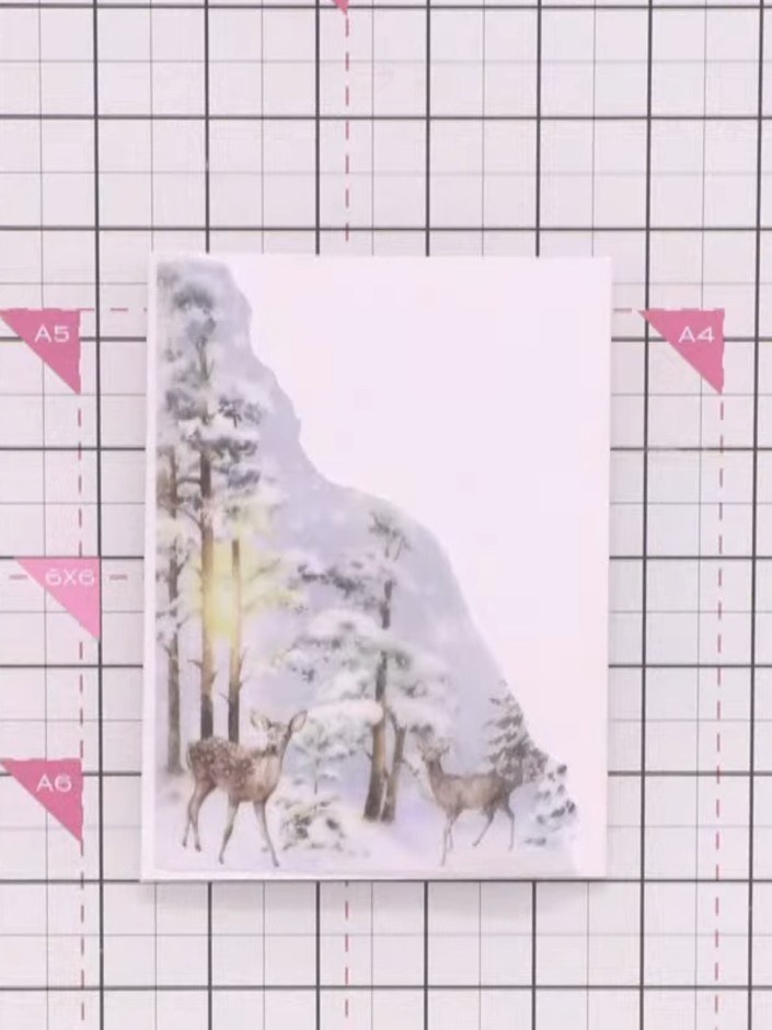 Step 2: Place the vellum winter scene piece onto a white cardstock base. Secure it along the bottom edge using a tape 