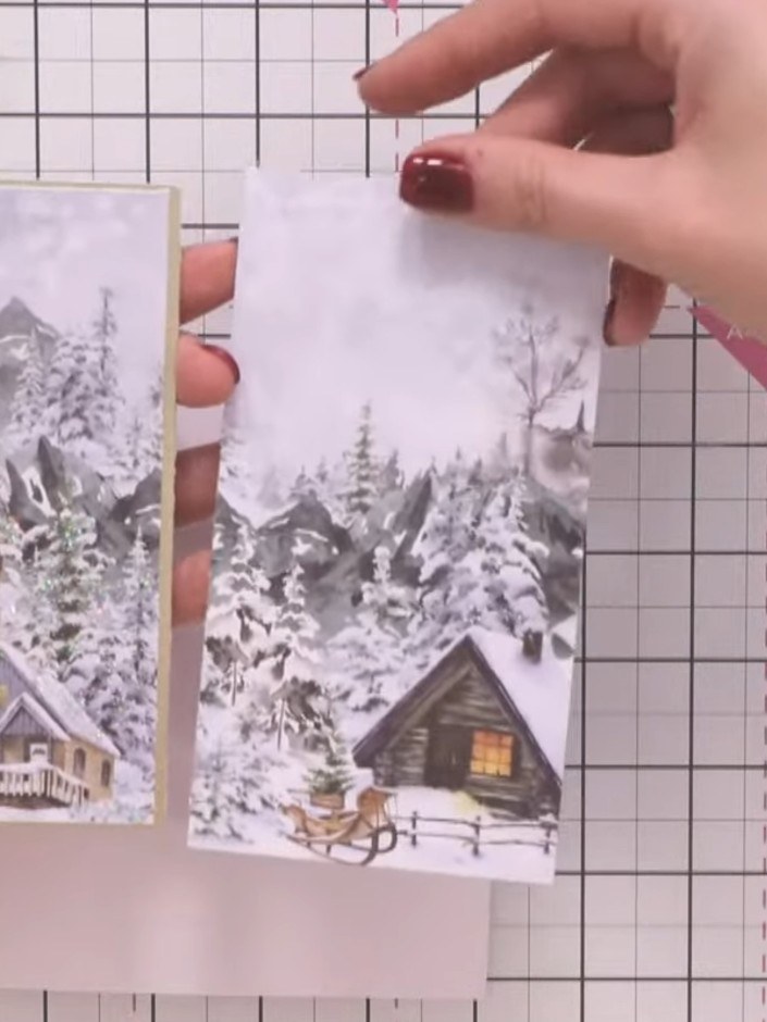 Step 1: Corta un panel de los papeles decorados de la colección Winter Story. Choose a winter scene design 