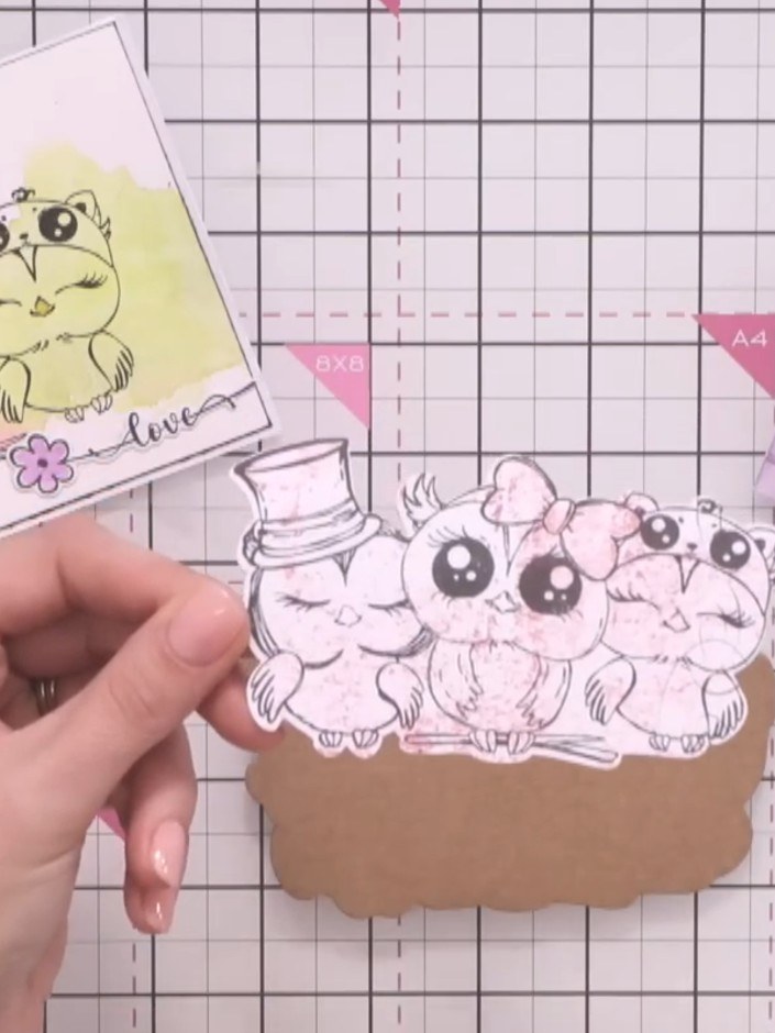Step 2: Stamp the owl character image onto patterned paper from the Owl Always Love You Collection, allowing the paper