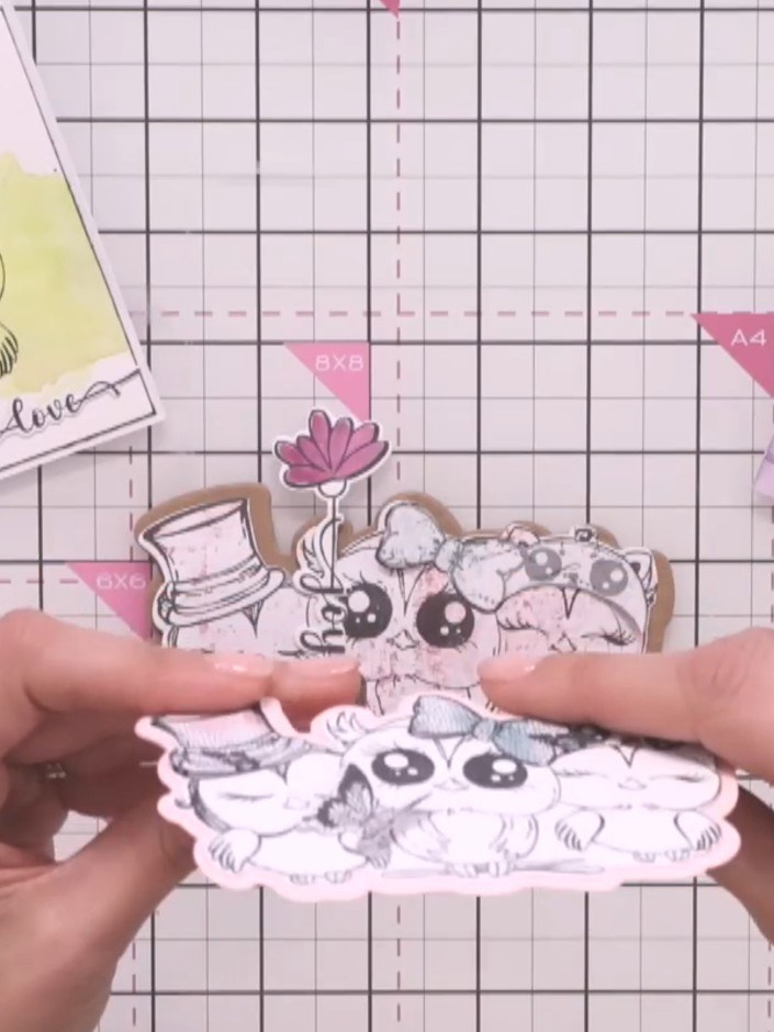 Step 8: Adhere the bow, top hat and sentiment embellishments to the owl character, positioning them to create your des