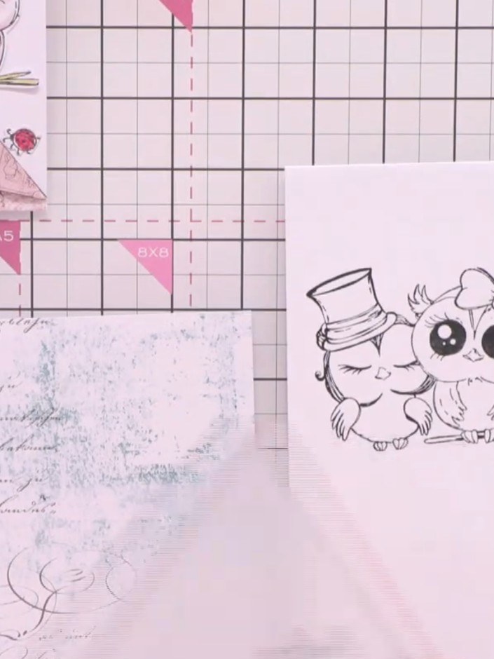 Step 2: Stamp the owl family design onto one of the patterned papers from the collection using black ink. Ensure the i
