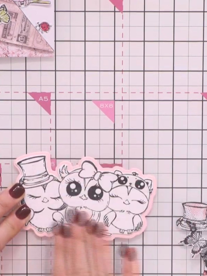 Step 6: Adhere the stamped and die-cut owl image directly onto the front of your pink shaped card base using 3D foam t