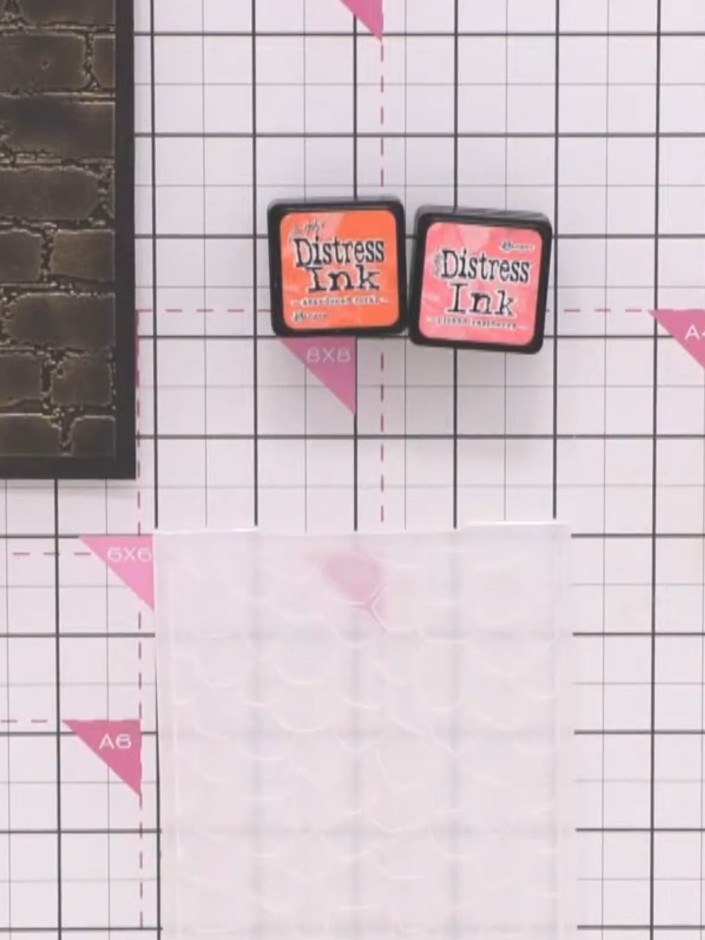 Step 2: Open your embossing folder and rub pink and orange Distress Ink pads directly over the raised areas of the fol