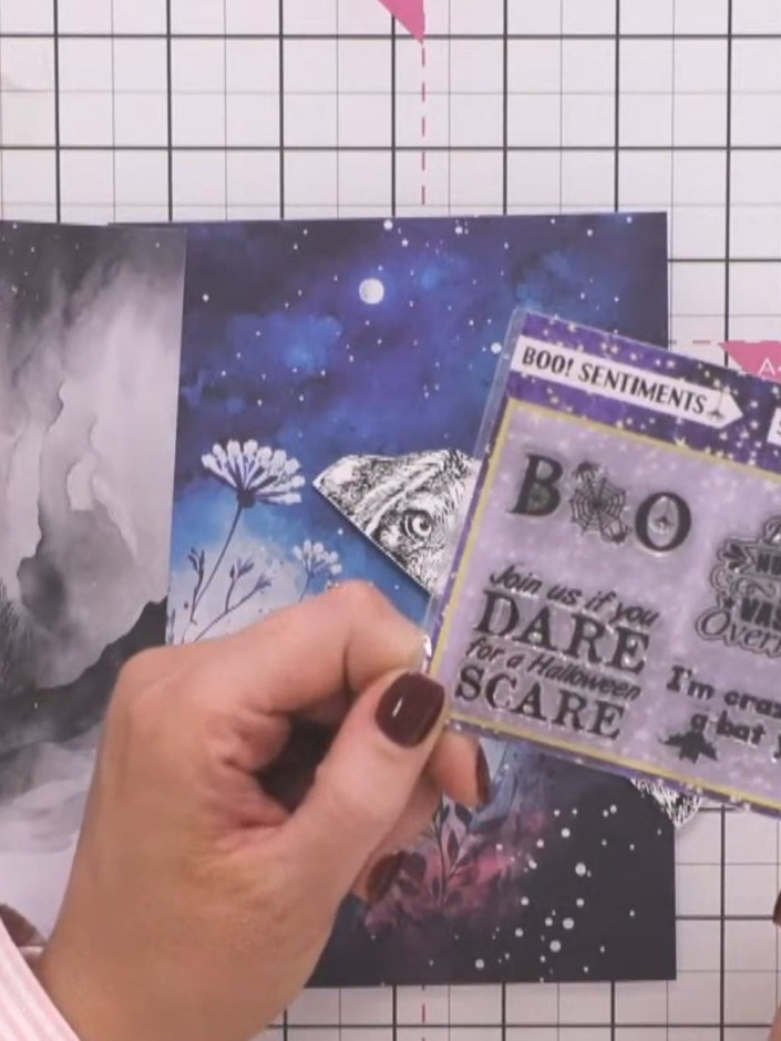 Step 10: Glue the sentiment from the 'Boo! Sentiments' stamp set onto the card above or beside the chameleon and dinosa