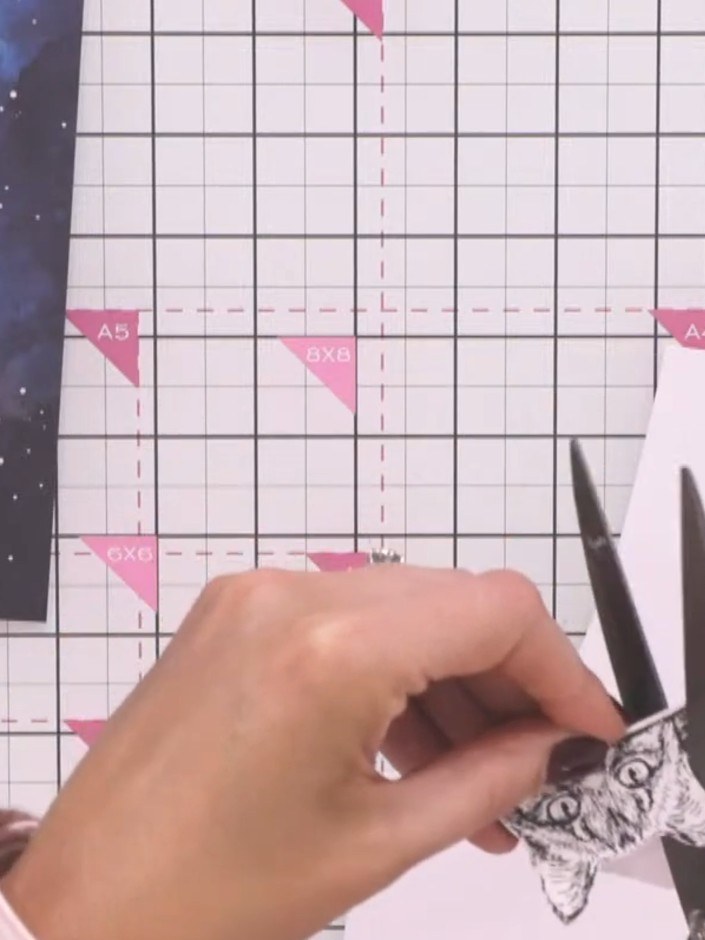 Step 5: Cut out the stamped animal images using scissors. Trim carefully around the edges of the badger and cat illust