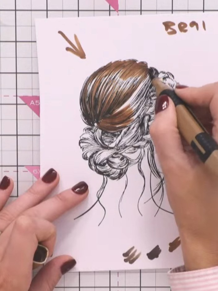 Step 6: Use your darkest brown marker to define the braids and add shadows to the hair, following the curves and lines