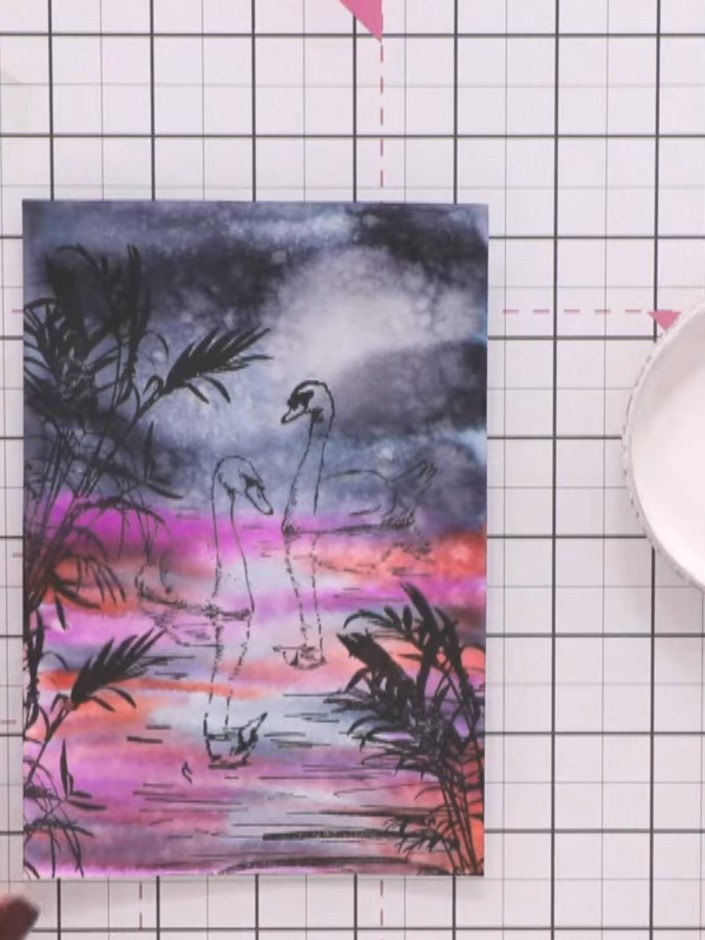 Tarjeta de cisnes Tomorrow Reflection con follaje y detalles en tinta blanca - the finished project