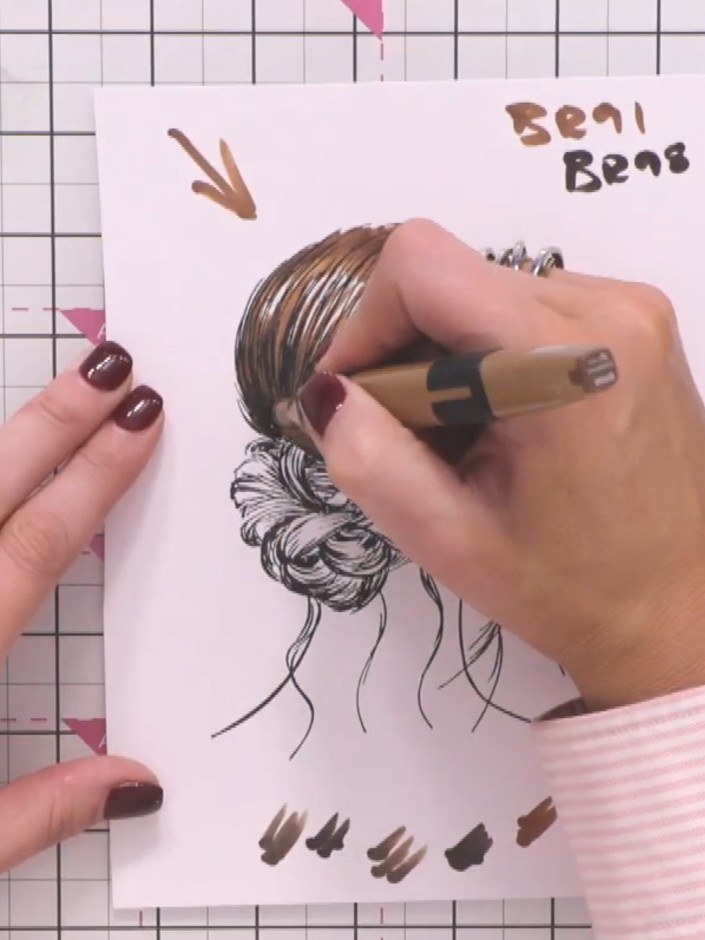 Step 8: Apply a medium brown shade (BR98) over the lighter layer on the hair, focusing on areas where the stamp lines 