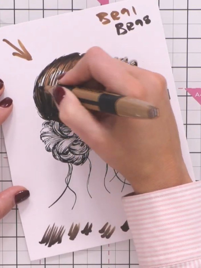 Step 9: Use a feathering technique with short tick-like strokes to blend the medium brown shade into the hair, rather 