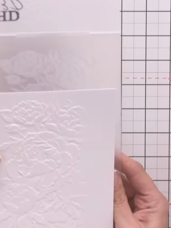 Step 6: Saca la cartulina blanca de la carpeta de embossing y descubre el diseño con embossing parcial en un solo lado.
