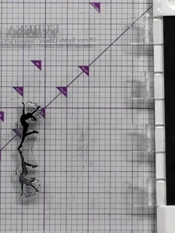 Step 6: Flip the stamp over and stamp the reflected dancer image below the first dancer, creating a mirror effect. Pos