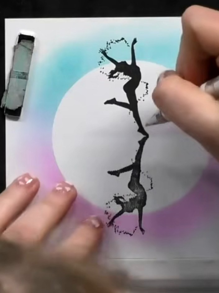 Step 7: Using a white brush pen or white ink with a brush, add a faux floor line across the centre of the card between