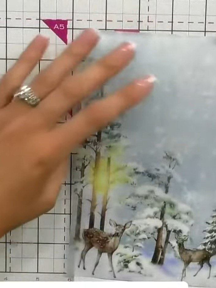 Step 3: Wrap the vellum around the card base, positioning it so the winter scene design sits centrally on the front of